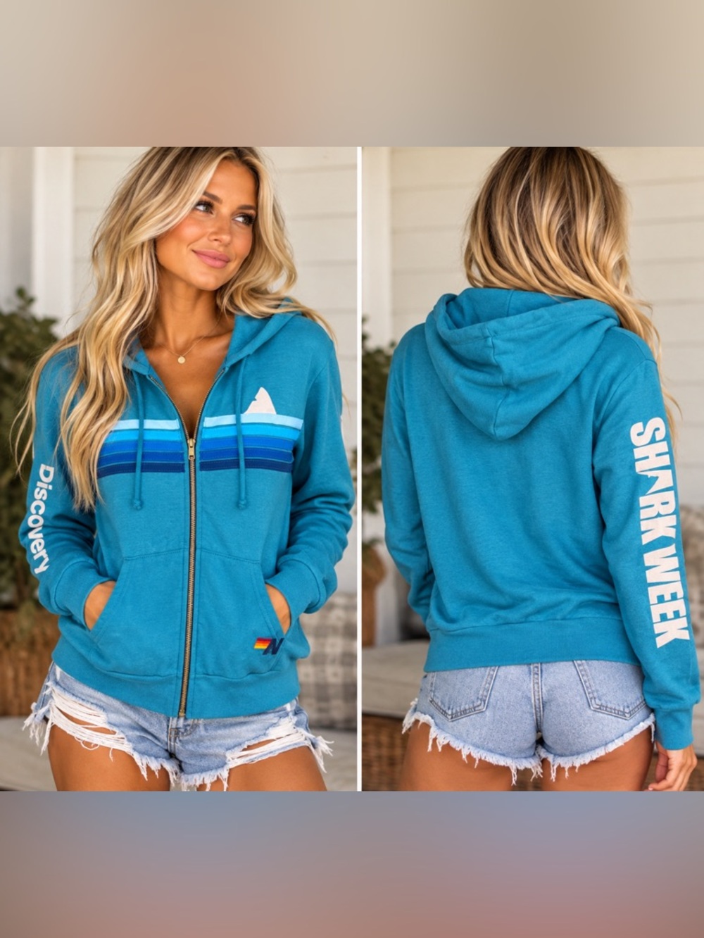 Aviator Nation Shark Week Discovery Full Zip Hoodie Rare Turquoise